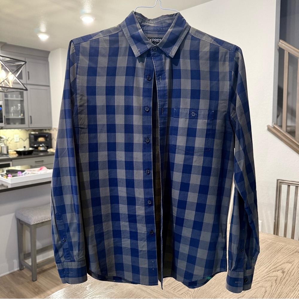 Express Men’s Navy and Gray Plaid Button-Down Shirt